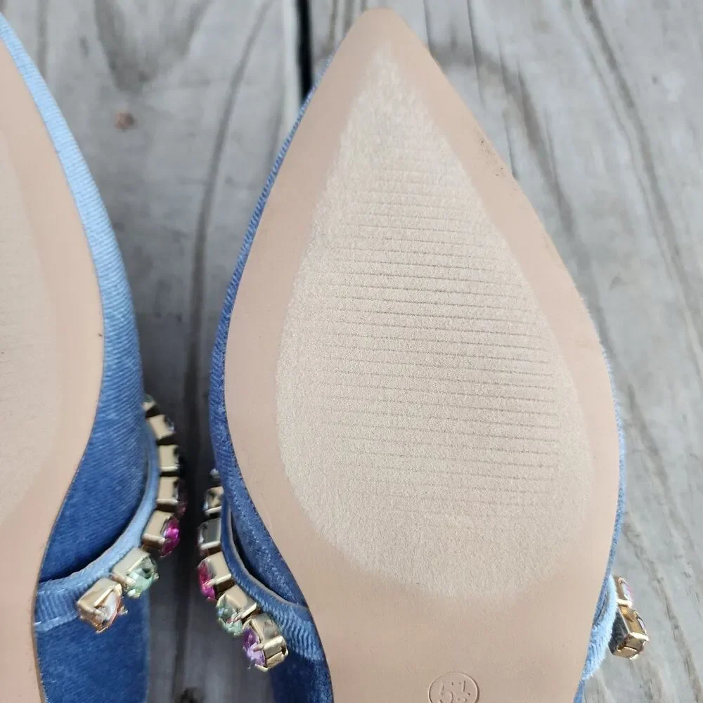 New In Box Journee Collection Light Blue Velor Embellished Jewelled Mules Sz 5.5